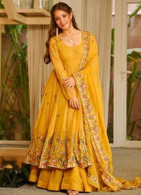 Yellow soft crunchy silk gown & sharara set with multi sequins 3
