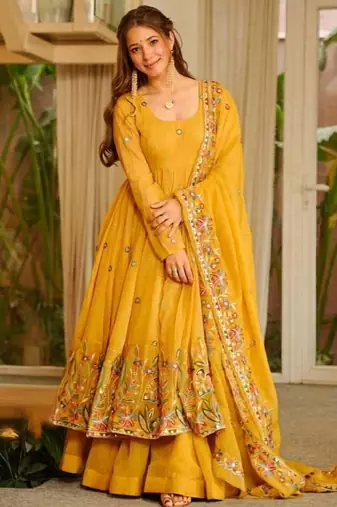 Yellow soft crunchy silk gown & sharara set with multi sequins