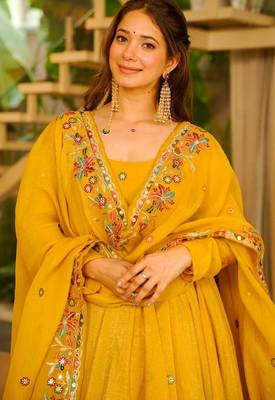 Yellow soft crunchy silk gown & sharara set with multi sequins 4