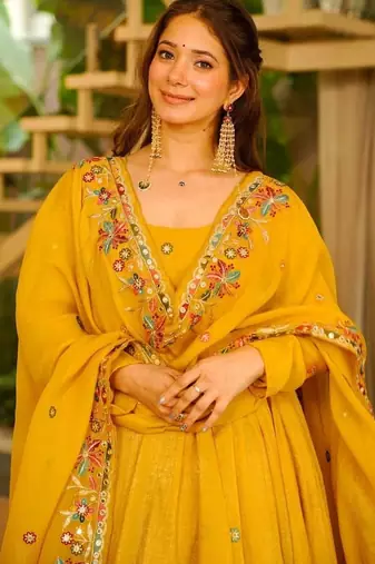 Yellow soft crunchy silk gown & sharara set with multi sequins