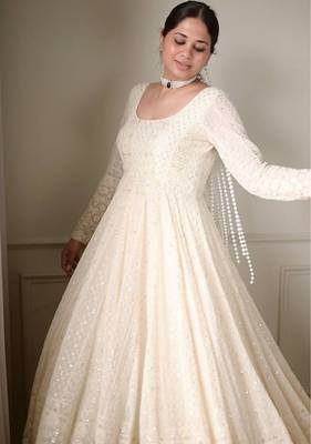 White lucknowi special premium georgette anarkali suit set (3 pcs) 1