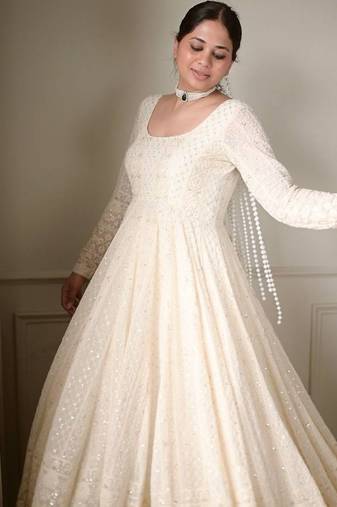 White lucknowi special premium georgette anarkali suit set (3 pcs)