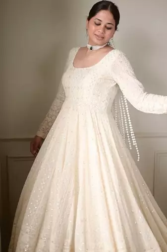 White lucknowi special premium georgette anarkali suit set (3 pcs)