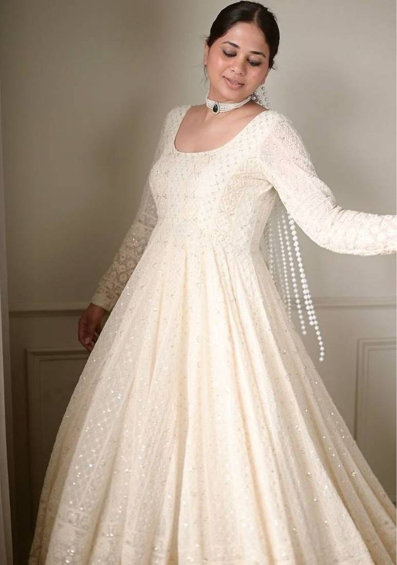 White lucknowi special premium georgette anarkali suit set (3 pcs)