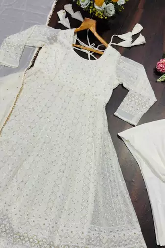 White lucknowi special premium georgette anarkali suit set (3 pcs)