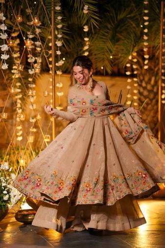 Cream premium crunchy silk anarkali suit set with multi embroidery