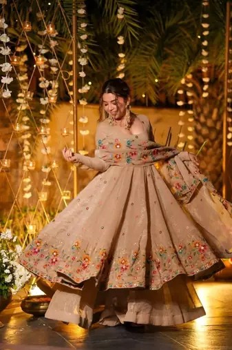 Cream premium crunchy silk anarkali suit set with multi embroidery