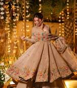 Cream premium crunchy silk anarkali suit set with multi embroidery
