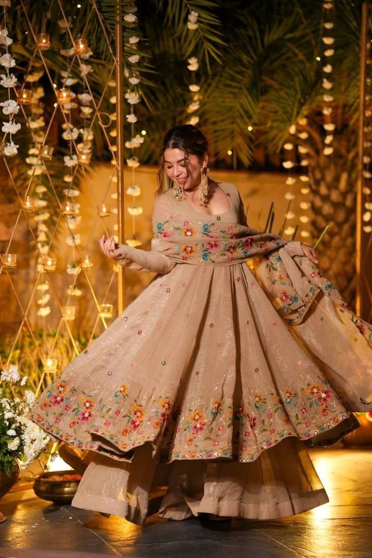 Cream premium crunchy silk anarkali suit set with multi embroidery