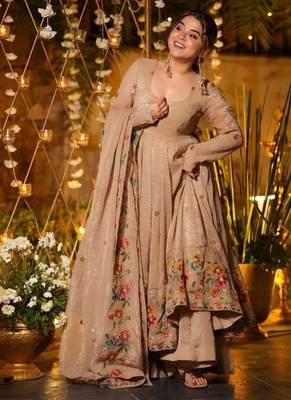 Cream premium crunchy silk anarkali suit set with multi embroidery 2