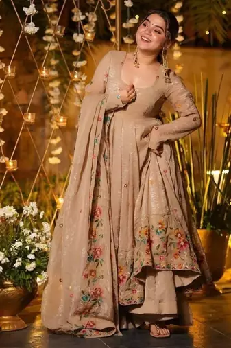 Cream premium crunchy silk anarkali suit set with multi embroidery