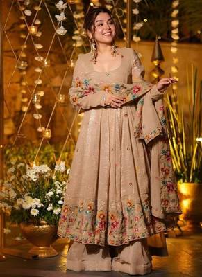 Cream premium crunchy silk anarkali suit set with multi embroidery 3