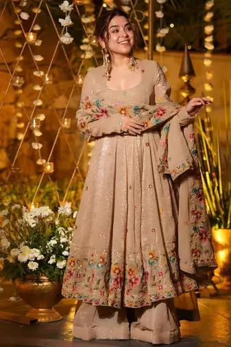 Cream premium crunchy silk anarkali suit set with multi embroidery