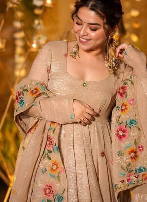 Cream premium crunchy silk anarkali suit set with multi embroidery 4