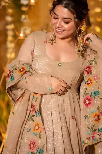 Cream premium crunchy silk anarkali suit set with multi embroidery