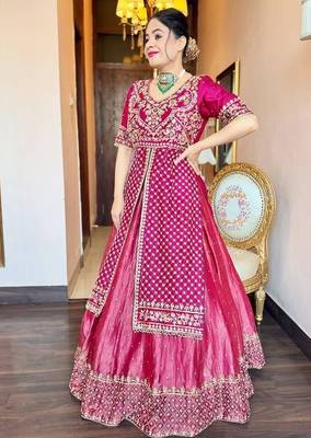 Designer chinon silk crop top lehenga set with sequins work 1