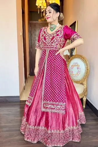 Designer chinon silk crop top lehenga set with sequins work