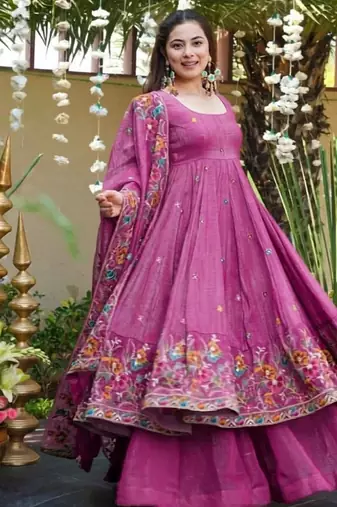 Pink premium crunchy silk anarkali suit set with multi embroidery