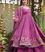Pink premium crunchy silk anarkali suit set with multi embroidery