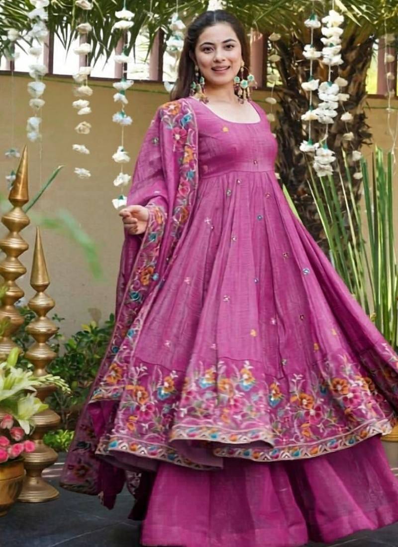 Pink premium crunchy silk anarkali suit set with multi embroidery