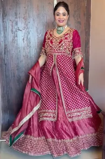 Designer chinon silk crop top lehenga set with sequins work