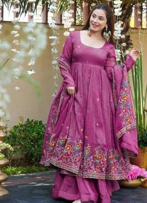 Pink premium crunchy silk anarkali suit set with multi embroidery 2