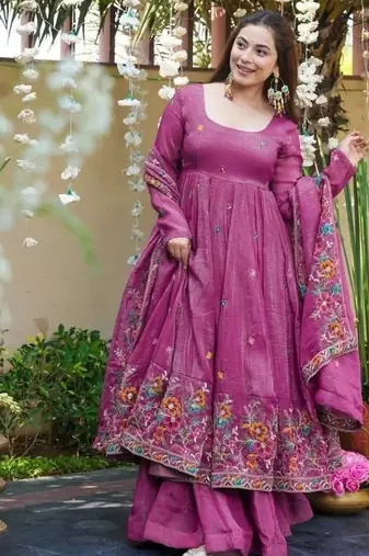 Pink premium crunchy silk anarkali suit set with multi embroidery