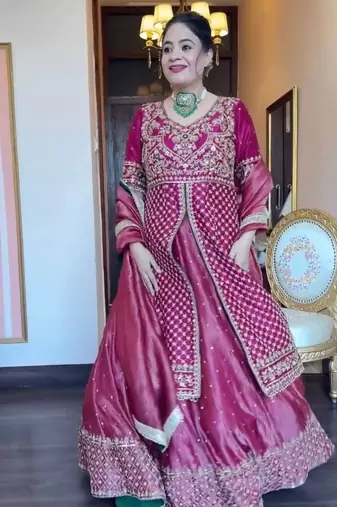 Designer chinon silk crop top lehenga set with sequins work