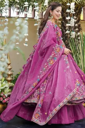Pink premium crunchy silk anarkali suit set with multi embroidery