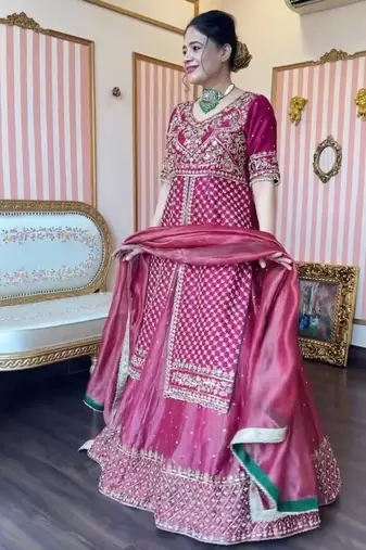 Designer chinon silk crop top lehenga set with sequins work