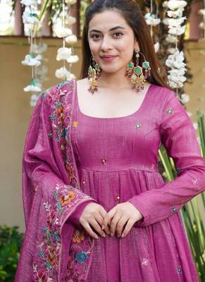 Pink premium crunchy silk anarkali suit set with multi embroidery 4