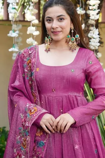 Pink premium crunchy silk anarkali suit set with multi embroidery