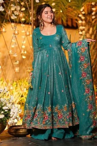 Premium crunchy silk anarkali suit set with multi embroidery