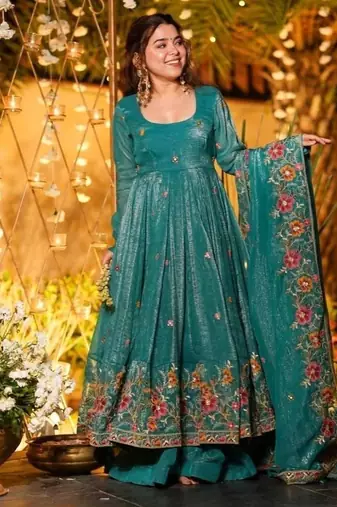 Premium crunchy silk anarkali suit set with multi embroidery