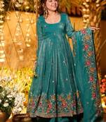 Premium crunchy silk anarkali suit set with multi embroidery