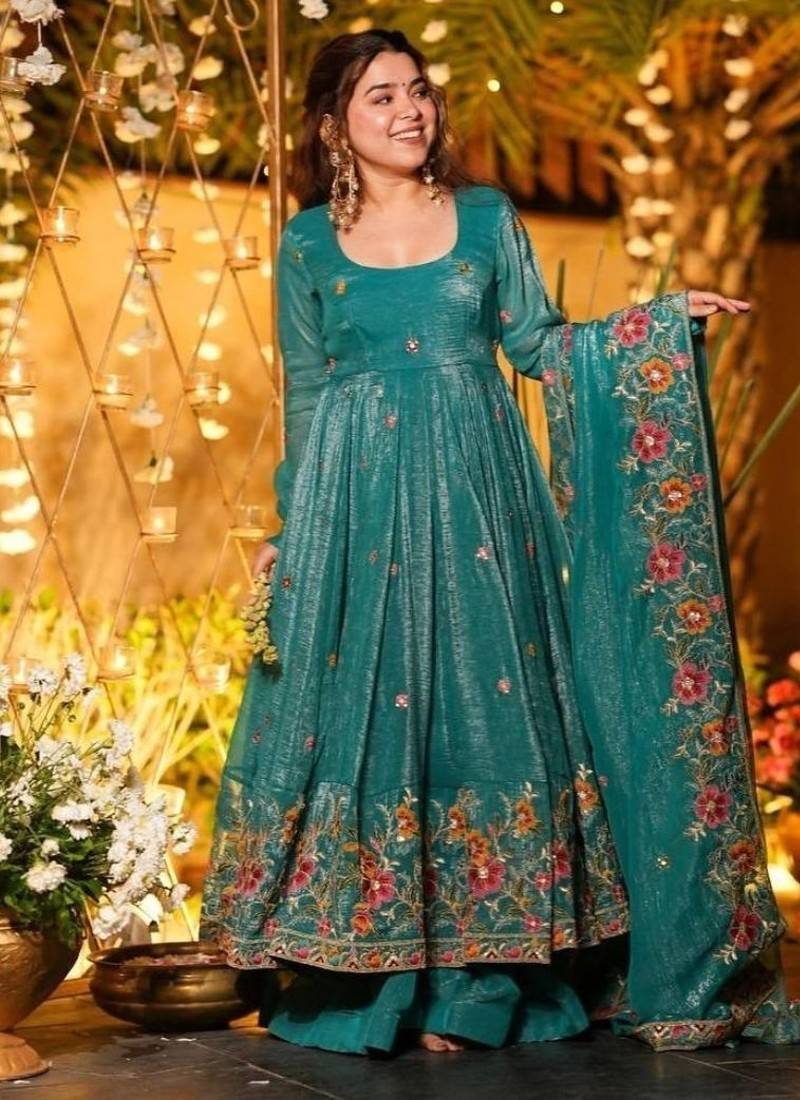 Premium crunchy silk anarkali suit set with multi embroidery
