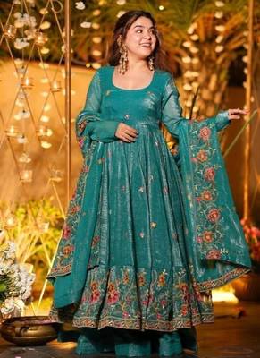 Premium crunchy silk anarkali suit set with multi embroidery 2