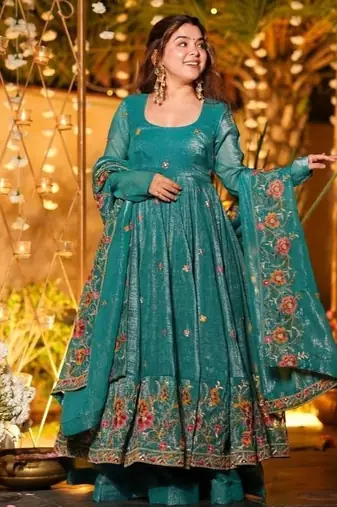 Premium crunchy silk anarkali suit set with multi embroidery