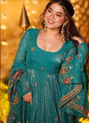 Premium crunchy silk anarkali suit set with multi embroidery 3