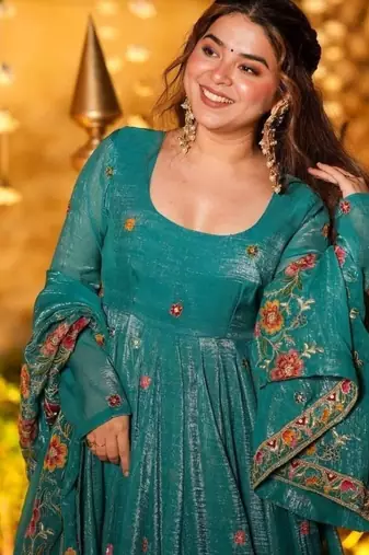 Premium crunchy silk anarkali suit set with multi embroidery