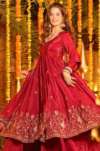 Heavy red silk gown & palazzo set