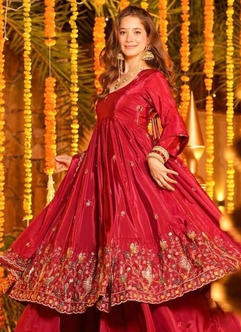 Heavy red silk gown & palazzo set