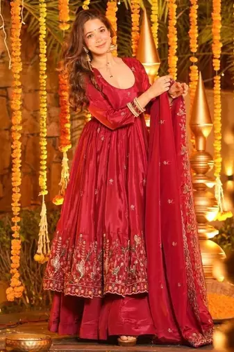Heavy red silk gown & palazzo set