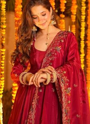 Heavy red silk gown & palazzo set 4
