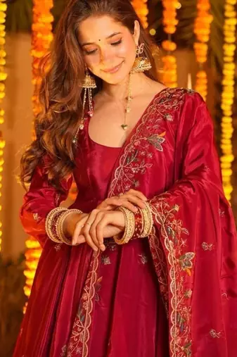Heavy red silk gown & palazzo set