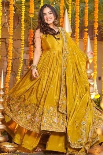 Heavy yellow silk gown & palazzo set