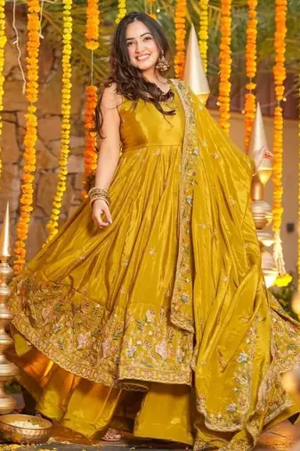 Heavy yellow silk gown & palazzo set