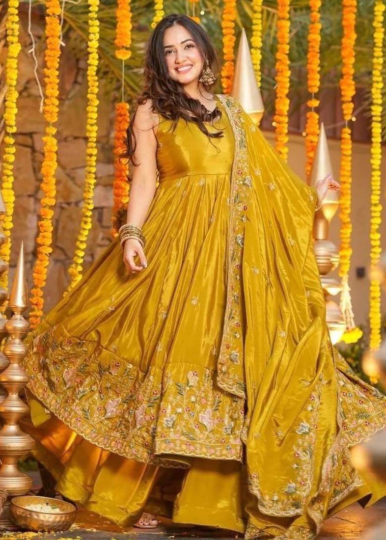 Heavy yellow silk gown & palazzo set