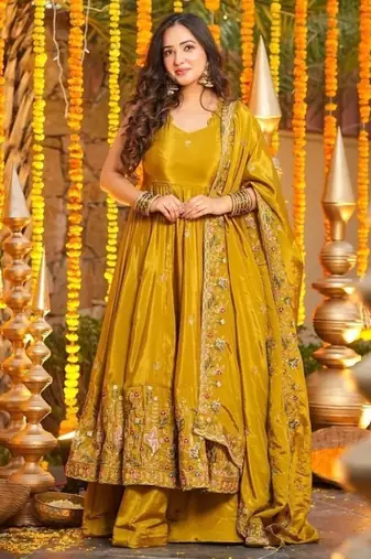 Heavy yellow silk gown & palazzo set