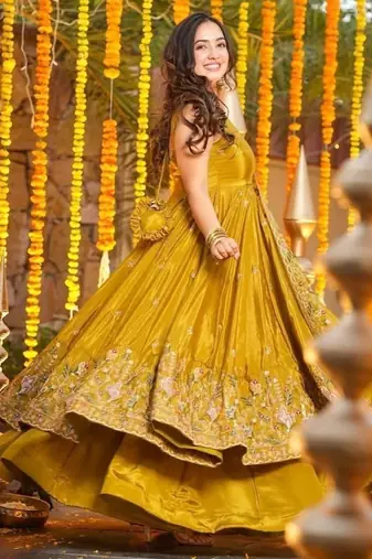 Heavy yellow silk gown & palazzo set